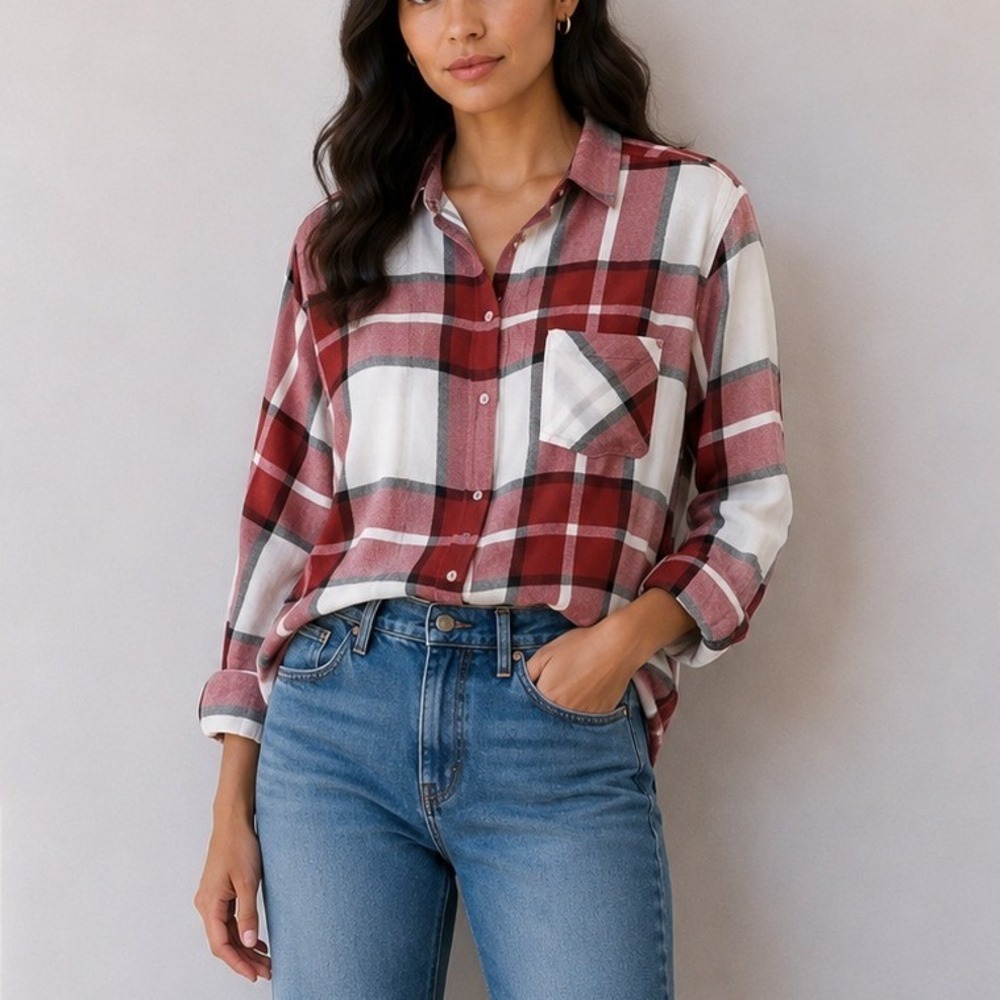 Como Vintage Red Plaid Flannel Rayon Button Down 90s Grunge Shirt | Size L